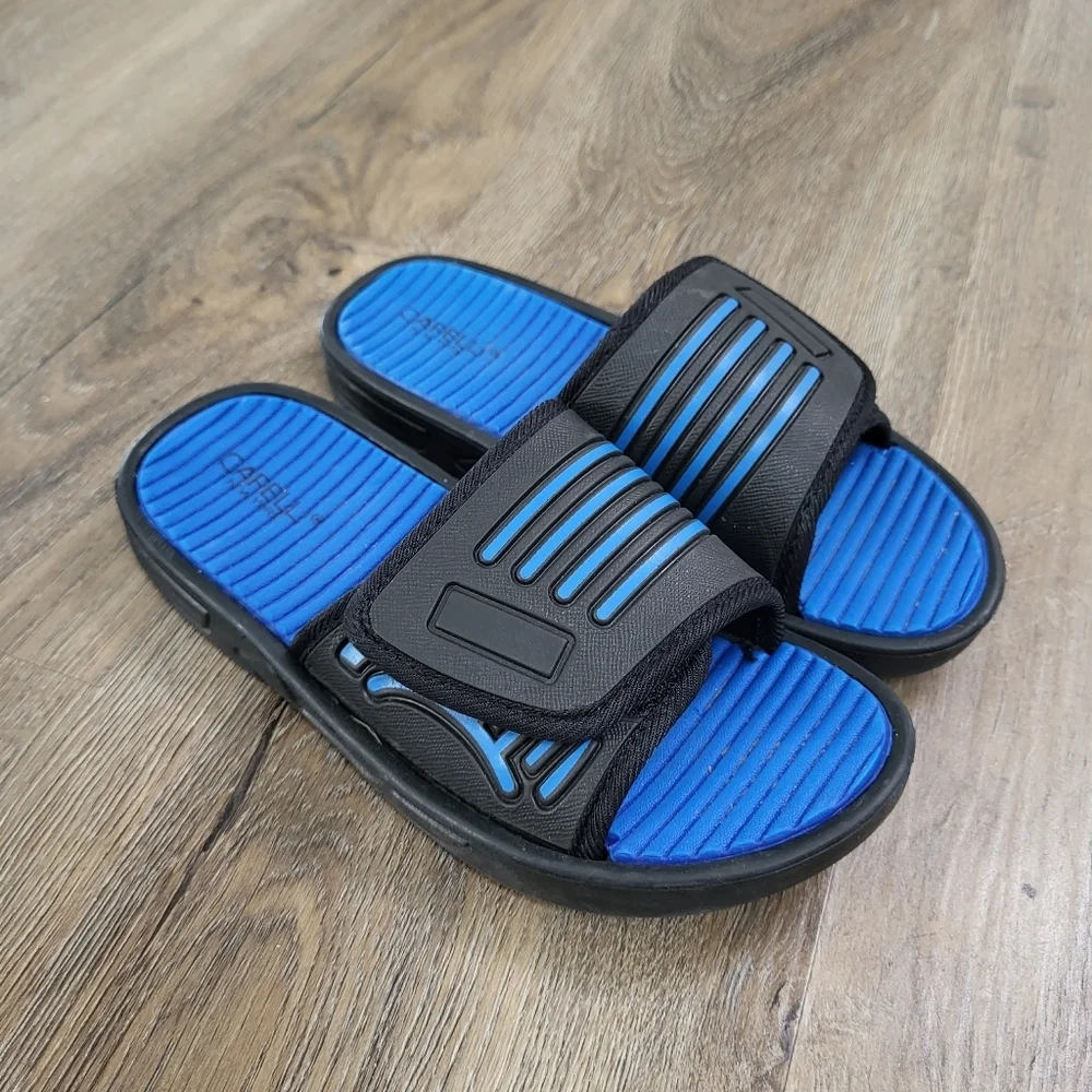 Capelli new york boy slip on sandals size 13 US adjustable black blue flip flops